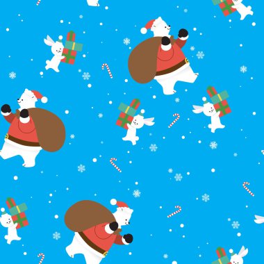 Noel vektörü, Noel Baba kutup ayısı ve elinde hediyeler tutan bir tavşanla kusursuz desenli, kar taneli mavi kış deseni.
