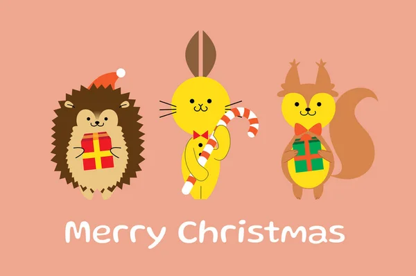 Christmas Vector Card Three Cute Animals Holding Gifts Candies Hedgehog — Vector de stock