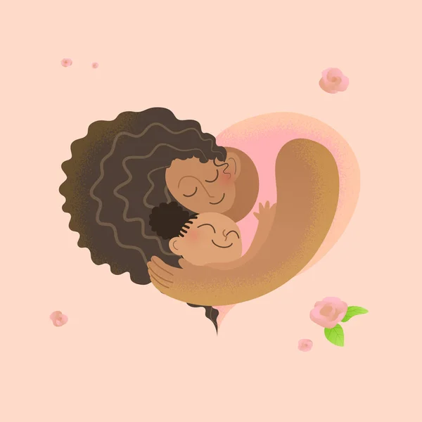 Happy Mother Day Square Vector Card Loving Black Mother Hugging — Vector de stock