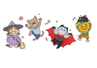 Cadılar bayramı çocuk vektörü seti. Cadı, kurt adam, vampir ve balkabağı Jack gibi giyinmiş çocuklar. Şeker isteyen çocuklara şeker mi şaka mı?.