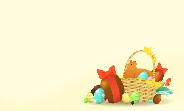 Cute Chicken Wicker Basket Easter Chocolate Eggs Easter Day Flat — Vettoriale Stock