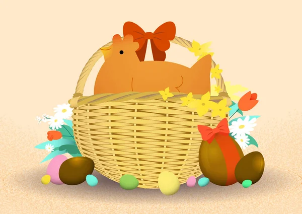 Easter Celebration Flat Vector Card Illustration Cute Chicken Basket Full — Vettoriale Stock