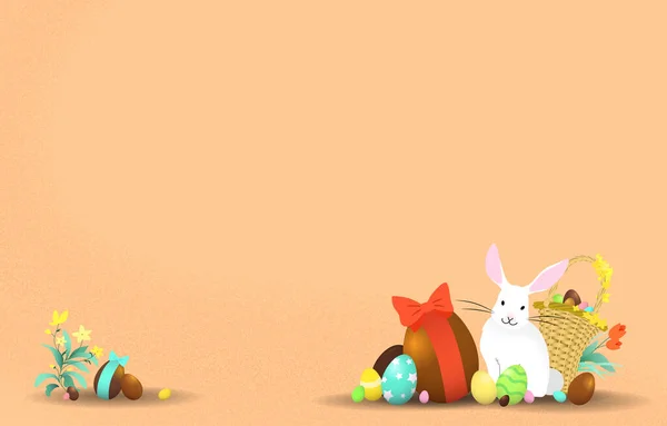 Happy Easter Celebration Vector Illustration Banner Cute Easter Rabbit Wicker — Vettoriale Stock