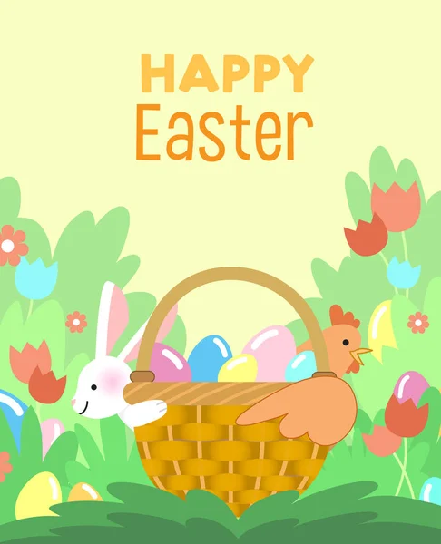 Easter Bunny Chicken Holding Wicker Basket Eggs Vector Illustration Poster — Vettoriale Stock