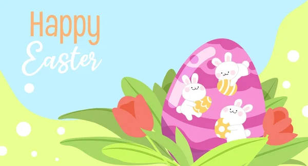 Cute Adorable Easter Bunnies Big Easter Egg Grass Flowers Vector — Vettoriale Stock