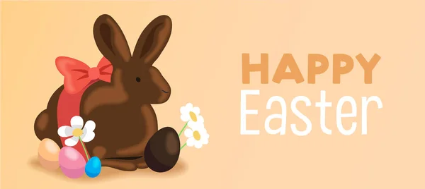 Chocolate Easter Bunny Easter Eggs Vector Illustration Banner Decorative Flowers — Vettoriale Stock