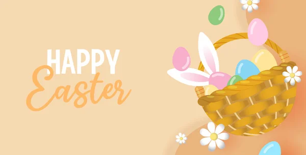 Wicker Basket Colorful Easter Eggs White Bunny Ears Vector Illustration — Vettoriale Stock