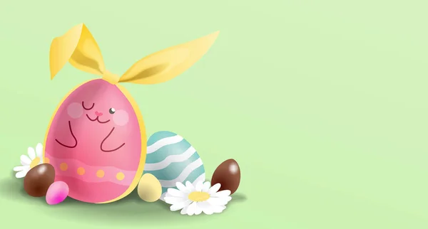 Szczęśliwego Wielkanocy Pozdrowienia Ilustracja Wektor Tła Kolorowe Czekoladowe Jajka Wstążką — Wektor stockowy
