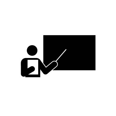 Tahtayı sopayla gösteren karakter. Öğretmen okula karatahta gösteriyor. Sunum sırasında panoyu işaretleyici ile gösteren eleman. İş sunum simgesi vektörü.