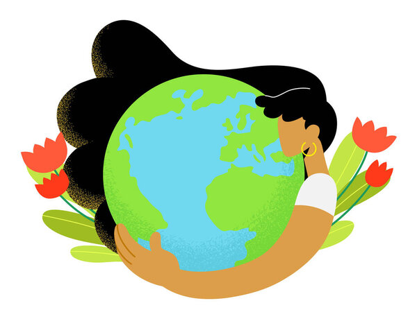 Happy Earth day or World environment day vector illustration. Concept of ecology, eco-friendly behavior, protection of environment and nature. Woman holding the globe with plants in background.