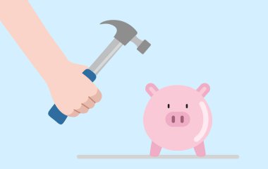 Domuz kumbarasının üzerinde çekiç tutan insan eli taşıyıcı illüstrasyonu. Kumbarayı soymak, paraya ihtiyacı olmak, birikimlerini harcamak, kumbarayı soymak üzere olan bir adam..