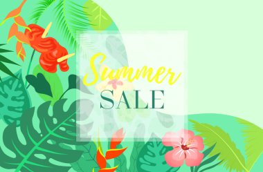Yaz indirimi, yaz ya da yaz tatili arka plan şablonu afiş ya da çerçeveli poster. Tropikal yapraklar, tropikal bitkiler ve çiçekler, palmiye yaprakları, canavar yaprakları ve amber çiçekleri. 