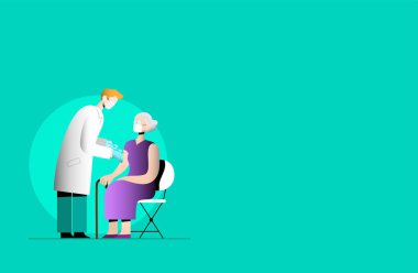 COVID-19 Coronavirus aşısı uluslararası kampanya düz vektör çizimi. Adam doktor elinde şırıngayla yaşlı bir kadını aşılıyor. Yüz maskesi takan iki kişi. Yaşlıların aşısı..