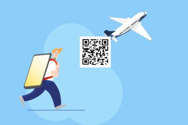 Sırt çantasında QR kodlu dev akıllı telefon taşıyan genç bir adam. QR kodu ile seyahat etme kavramı. Koronavirüs salgınında uçağa binmek için dijital hijyenik geçiş kartı. Yaz tatili turizmi.