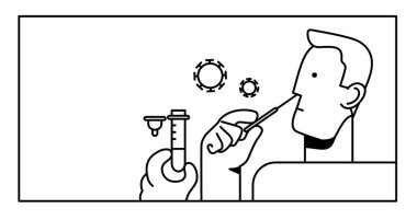 Kendi kendine test edilen antijen testi için burun pamuğundan örnek alan bir adam. Modaya uygun minimalist karakterli antijen test kiti tanıtımı. Siyah ve beyaz çizgi vektör çizimi.