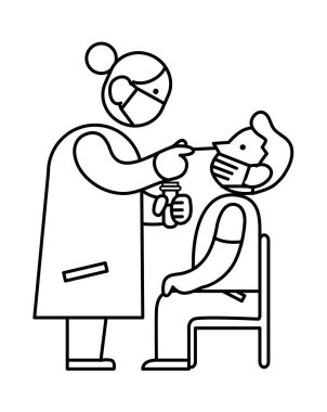 Doktor ya da doktor, burun pamuğundan örnek alan bir adamdan örnek alıyor. PCR veya antijen covid-19 koronavirüs testi. Minimalist siyah beyaz çizgi vektörü. Covid-19 test simgesi.