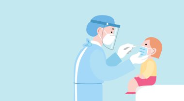 Kadın doktor ya da tıp çalışanı, genizden alınan bir çocuğun kovid 19 ya da koronavirüs olup olmadığını test ediyor. Profil portreli düz vektör çizimi. PCR ya da antijen çocuk testi.