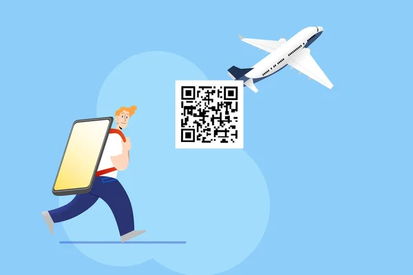 年轻人背着装有Qr代码的巨型智能手机作为背包 携带Qr代码通行证旅行的概念 科罗纳韦病毒大流行期间乘坐飞机的数字式卫生通行证 暑假旅游 — 图库矢量图片