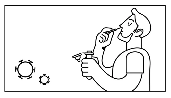 stock vector Man self-testing with an antigen home kit for coronavirus covid-19 detection. Taking a sample with a nasal cotton swab. Testing his positivity. Stylized black and white line vector illustration.