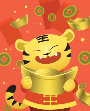 Mutlu Çin Yeni Yılı Yeni Yıl tebrik kartı. 2022 yılı kaplanı. Elinde kırmızı zarflar ve arka planda uğurlu paralarla altın kaplan tutan sevimli zodyak kaplanı. Şans parası ve Hong Bao teklif ediyor..