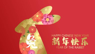 Chinese new year of rabbit blossom flowers pattern. Shape of a rabbit profile with colorful decorative flowers and chinese character. Lunar new year 2023 banner vector illustration.