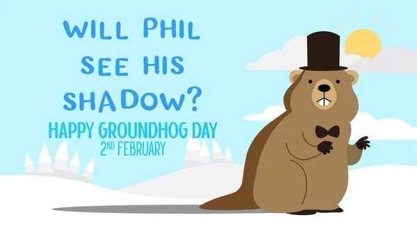 Groundhog Phil Wearing Top Hat Snowy Land Shadow Ground Happy — Vector de stock