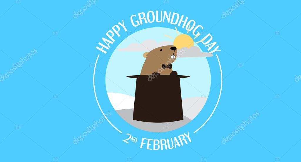 Happy groundhog day greeting banner vector illustration with groundhog Phil popping from a top hat. Sun hidden by clouds. Circle logo design.