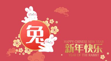 Two cute rabbits couple lunar new year illustration. Chinese character of rabbit for chinese new year greeting card. Two playful rabbits for spring festival 2023.