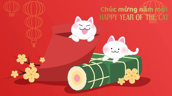 Year Cat Banh Chung Banh Tet Cute Cat Red Envelope — Vetor de Stock