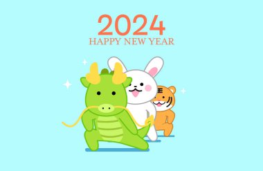 Güzel zodyak hayvanlı CNY 2024 kartı. Ejderha tebrik kartı ya da afiş yılı, üç zodyak hayvanı, ejderha, tavşan ve kaplan. Asya 'da yeni yıl kutlamaları sevimli hayvanlarla yapılıyor..