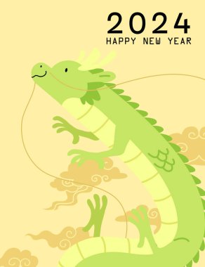 Cny 2024 kart vektör şablonu için sevimli uçan Çin ejderhası. Ejderha tasarımı yılı Asya 'nın uğurlu bulutları arasında uçan ejderha yılı. Asya 'da yeni yıl kartın kutlu olsun..