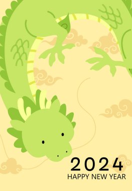 Ejderha 2024 tebrik kartı illüstrasyon vektör şablonunun şirin yılı. Geleneksel bulutlar üzerinde sevimli çizgi film ejderhası olan yeni yıl posterin kutlu olsun..