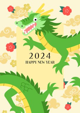 Year of the dragon 2024 card with oriental clouds and flowers. Cny or lunar new year 2024 greeting card template design. clipart