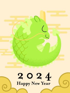 Cny 2024 kartı için sevimli Çin bebek ejderhası. Ejderhanın mutlu bir yıl geçirmesini dileyerek, bulutlu arka planda Çin ejderhası olan sevimli ay yeni yıl tebrik kartı. Japon ya da doğu tarzı bulutlar.