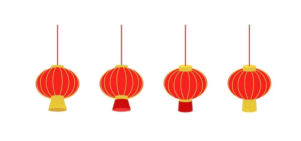Векторный Набор Китайских Красных Фонарей Китайские Декоративные Элементы Фестиваля Фонарей — стоковый вектор