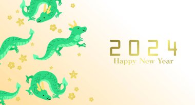 Erik çiçeği arkaplanlı ejderha afişi yılı. Çin Yeni Yılı 2024 Uçan Yeşil Ejderhalar, Bahar Çiçekleri, Ay Yeni Yıl Kutlaması.