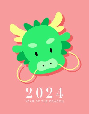 Year of the dragon asian dragon head card. Minimalist card for chinese new year, cute cartoon zodiac baby dragon. clipart