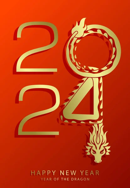 Gyllene Drake Silhuett 2024 Kinesiska Nyår Hälsningar Vektor Kort — Stock vektor