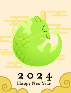 Cny 2024 kartı için sevimli Çin bebek ejderhası. Ejderhanın mutlu bir yıl geçirmesini dileyerek, bulutlu arka planda Çin ejderhası olan sevimli ay yeni yıl tebrik kartı. Japon ya da doğu tarzı bulutlar.