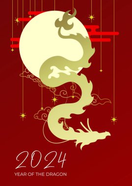 Happy chinese new year 2024 flying dragon. Golden asian dragon shape on red background vector. clipart