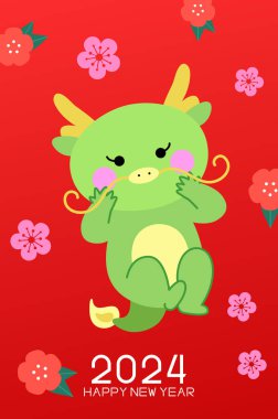 Ejderha 2024 'ün şirin yılı. Çiçek desenli arka plan kartı..