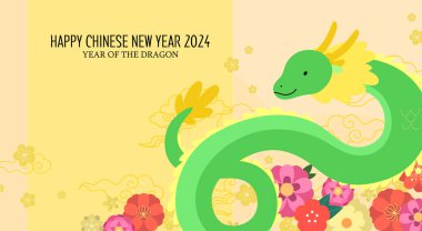 Ejderha 2024 yılındaki çiçek arkaplanlı şirin Asya ejderhası tebrik kartı çizimi. Yeni yılın kutlu olsun..