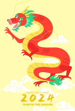 Çin ejderhası yeni yıl 2024 kartı ile uçuyor. Mutlu yeni yıl vektör kartı 2024.