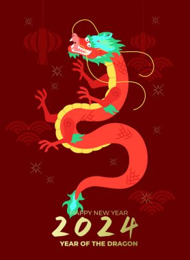 Geleneksel Asya ejderhası Çin Yeni Yılı 2024, ejderha yılı ya da ay yılı için vektör kartı..