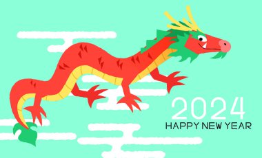Uçan Asyalı ejderha komik tebrik kartı 2024. Yeni yıl vektör kartı 2024 kutlu olsun. Ejderha tebrik kartı yılı, doğu bulutları desenli..