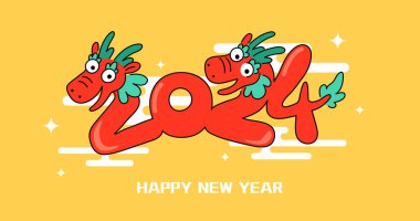 Year of the dragon 2024 funny cartoon card. Chinese new year greetings vector illustration with asian dragons on clouds background. clipart