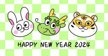 Ejderha Zodyak Hayvanı kartı yılı. Çin yeni yılı 2024 tebrik kartı veya bayrağı, üç zodyak hayvanı, ejderha, tavşan ve kaplan.