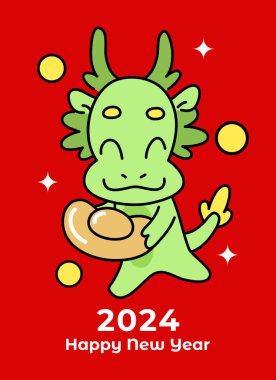 Arka planda altın sikkeleri olan tatlı bir Çin ejderhası. Ejderha 2024 'ün Çin yeni yılı tebrik kartı illüstrasyonu. Şans parası ve şanslı sikkelerle iyi bir servet diliyorum. Ay 'ın yeni yılı kutlu olsun tebrik kartı çizimi..