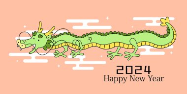 2024 yılındaki sevimli uçan ejderha yeni yıl kartı. Ejderha tebrik kartı illüstrasyonunun olduğu yıl..