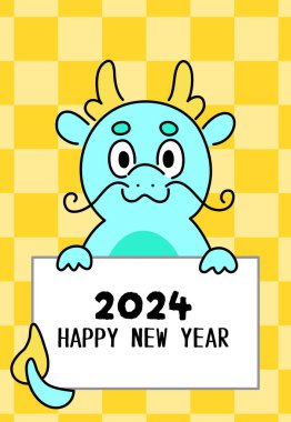 Asyalı ejderha tabela tutuyor. Mutlu Çin Yeni Yılı 2024, ejderhanın ya da ayın yeni yılı tebrik kartı illüstrasyonları.